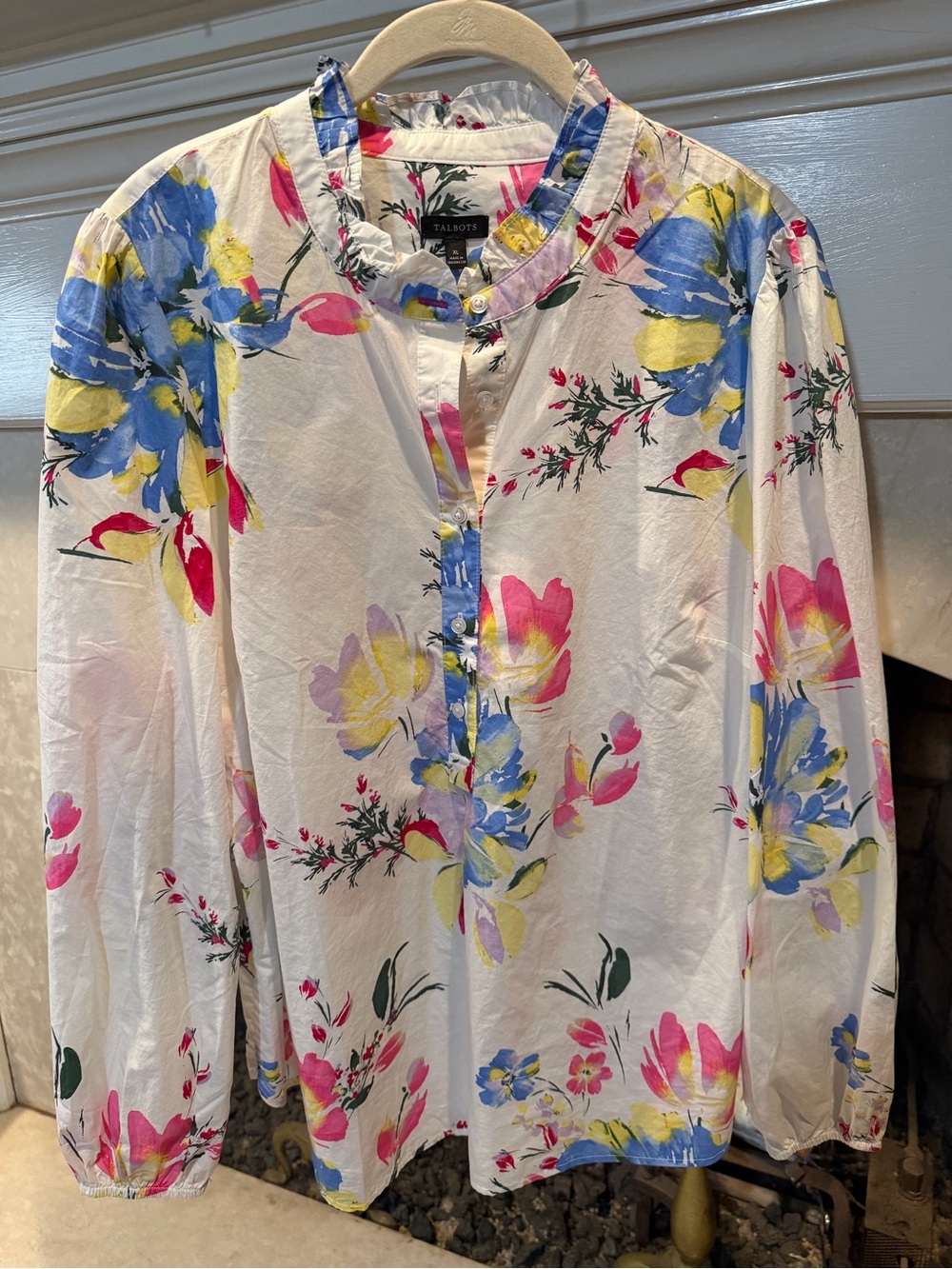 Talbots Cream Pullover Floral Blouse with Pink, Blue & Yellow Prints size XL